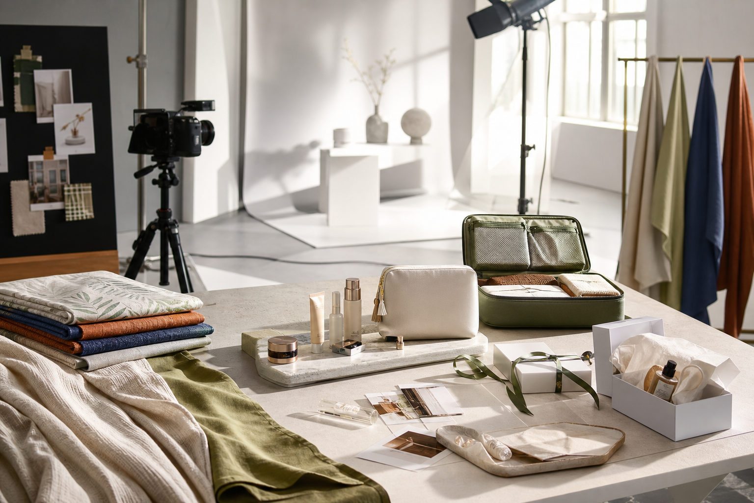 AP Vision studio scene with home textile swatches, beauty promotion items, soft goods, and photography tools