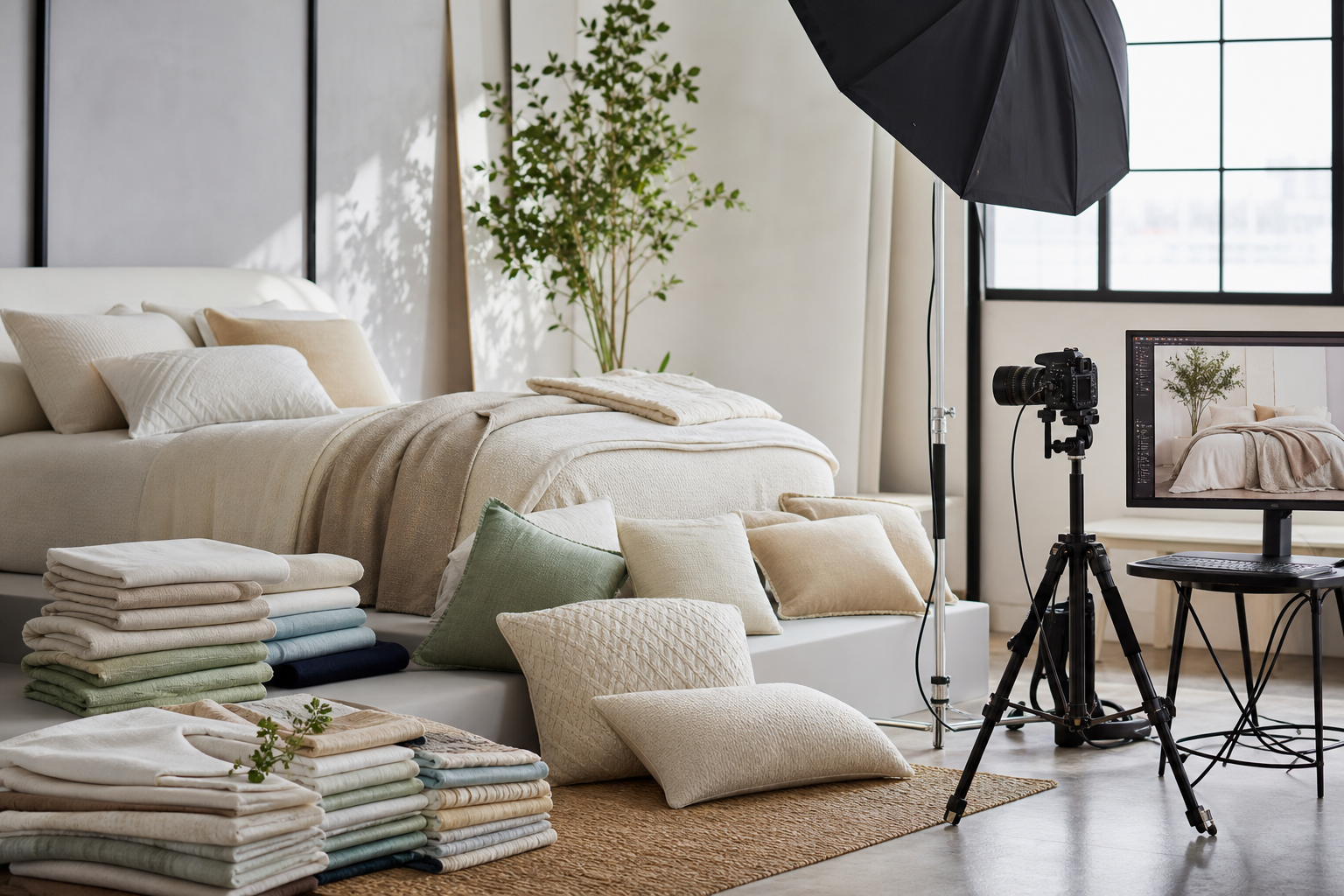 Home textile product photography set with bedding, pillows, swatches, and camera tools