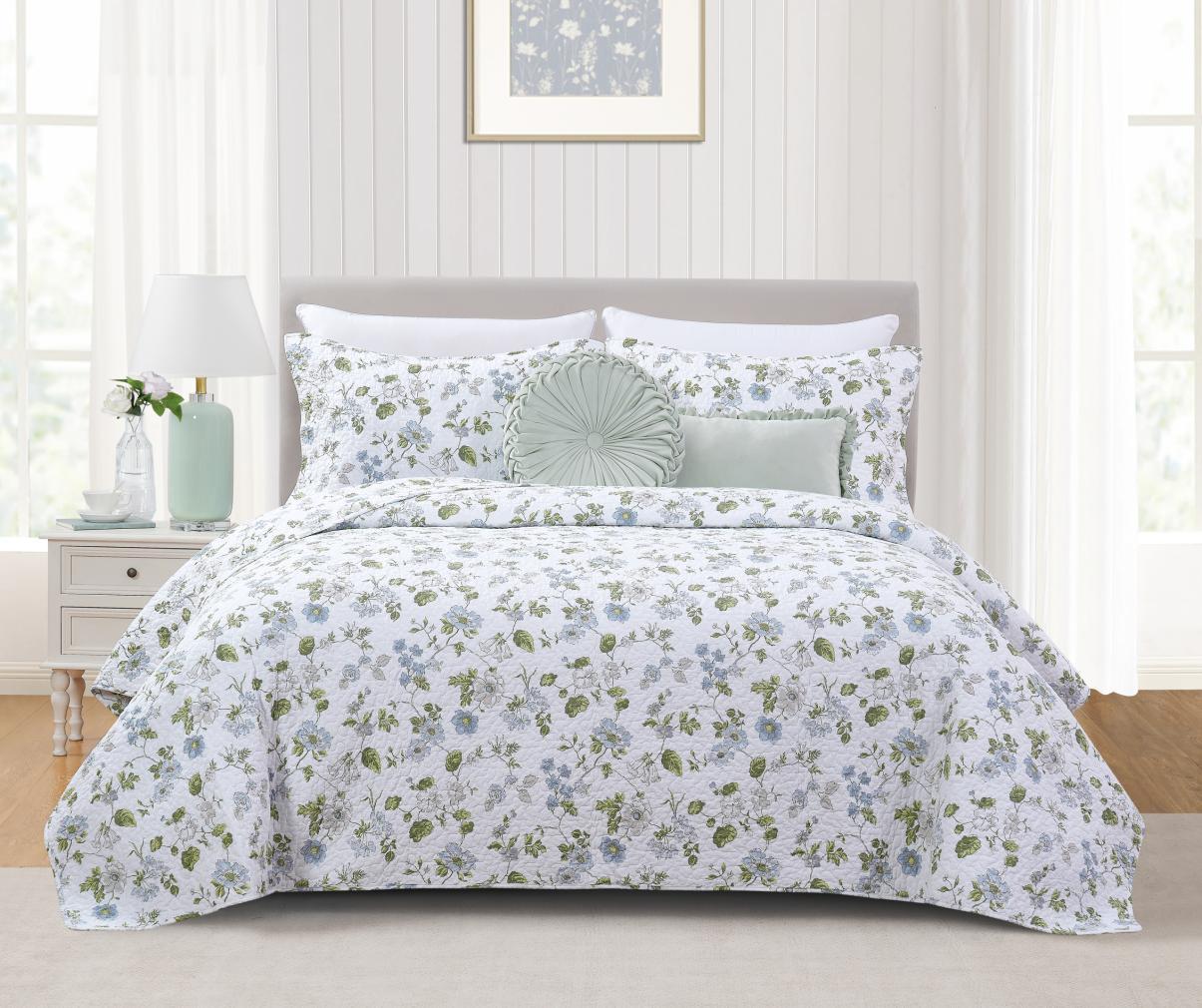 Floral bedding product photography in a styled room set
